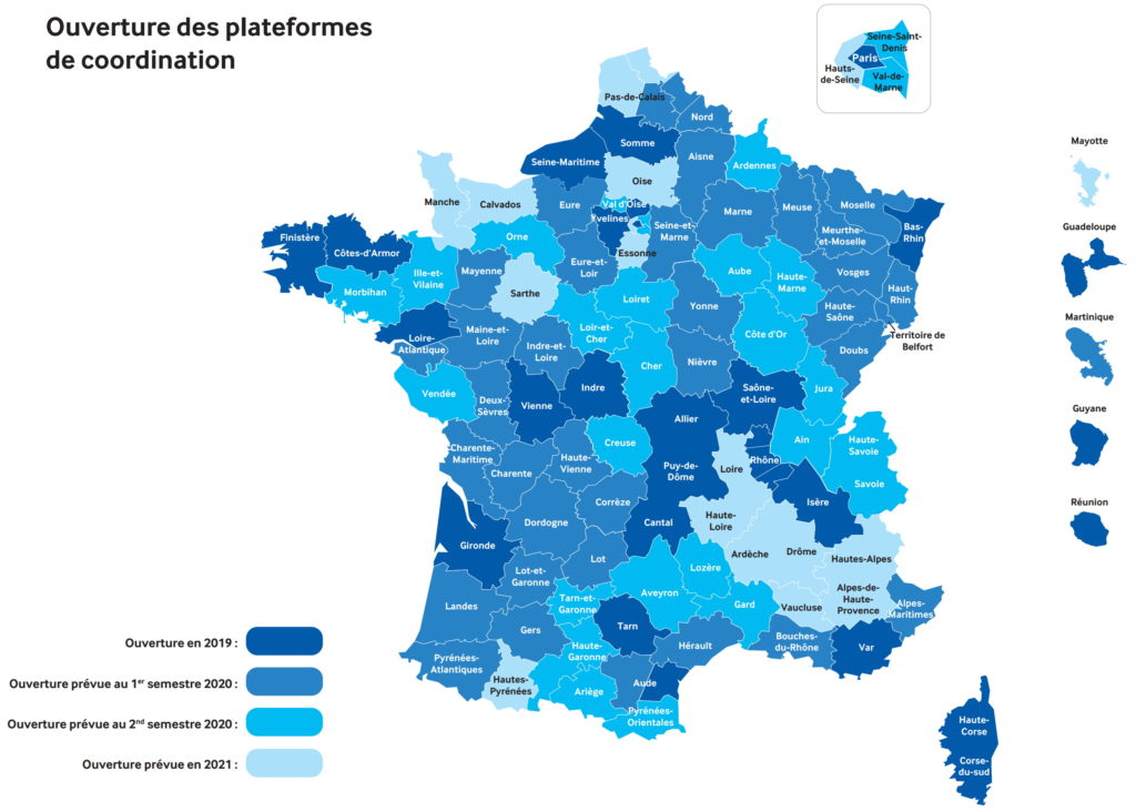 carte de France avec les dates prévisionnelles d'ouverture des centres de coordination TSA-TND